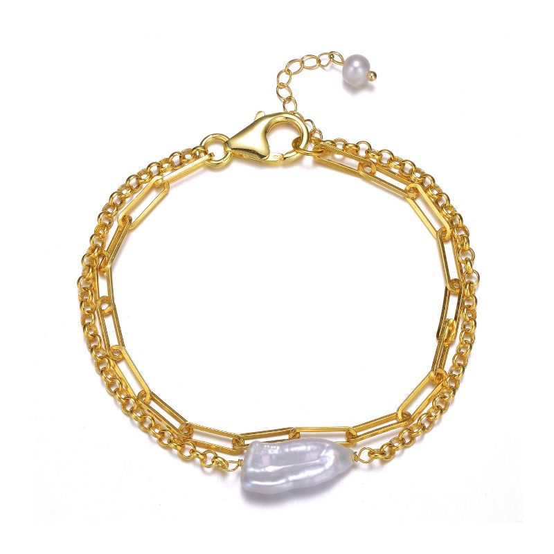 Guili 14K Gold Plated Freshwater Pearl Bracelet with Double Layer Rolo Chain in Sterling Silver for Unique and Elegant Style Appeal