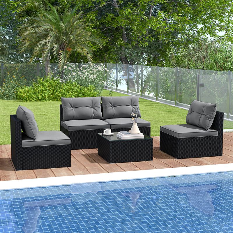 Costway 5 Piece Outdoor Furniture Set with Seat & Back Cushions Tempered Glass Tabletop Gray