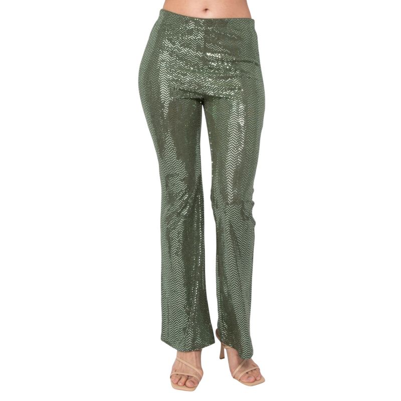 Slickblue Women's Sequined Fit & Flare Pants Olive, Midrise Elastic Waist, Full Length, Formal Style, Size S