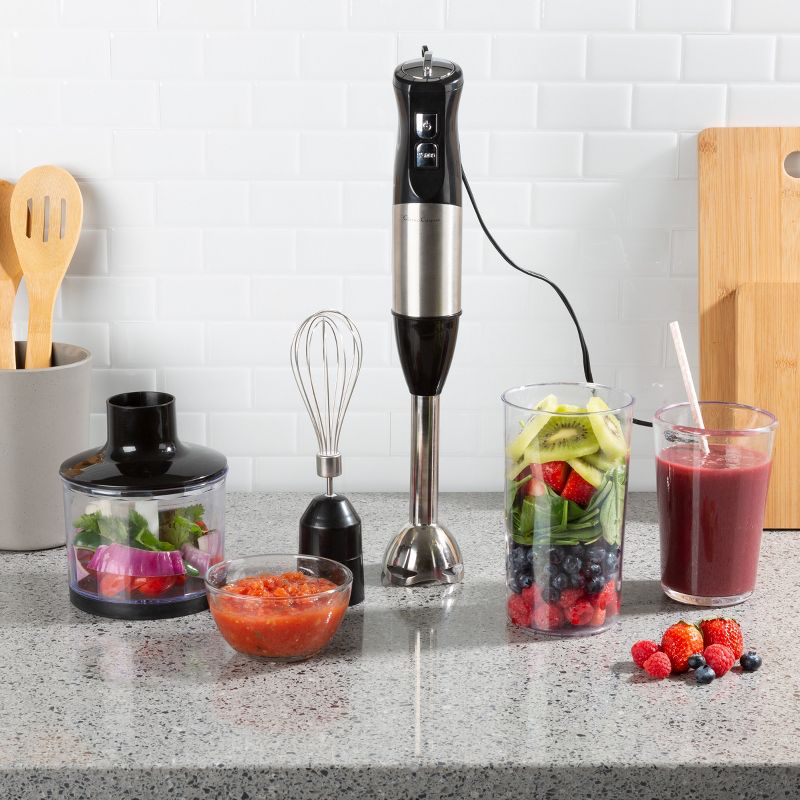 6-Speed Immersion Blender - 4-in-1 Hand Mixer with Whisk, Food Processor Cup, and 32oz Beaker for Soup, Smoothies, and More by Classic Cuisine (Black)