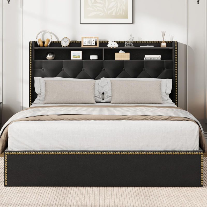 Bed Frame with Upholstered Headboard 2-Tier Shelf, Black Velvet Tufted Platform Bedframe with 4 Storage Drawers