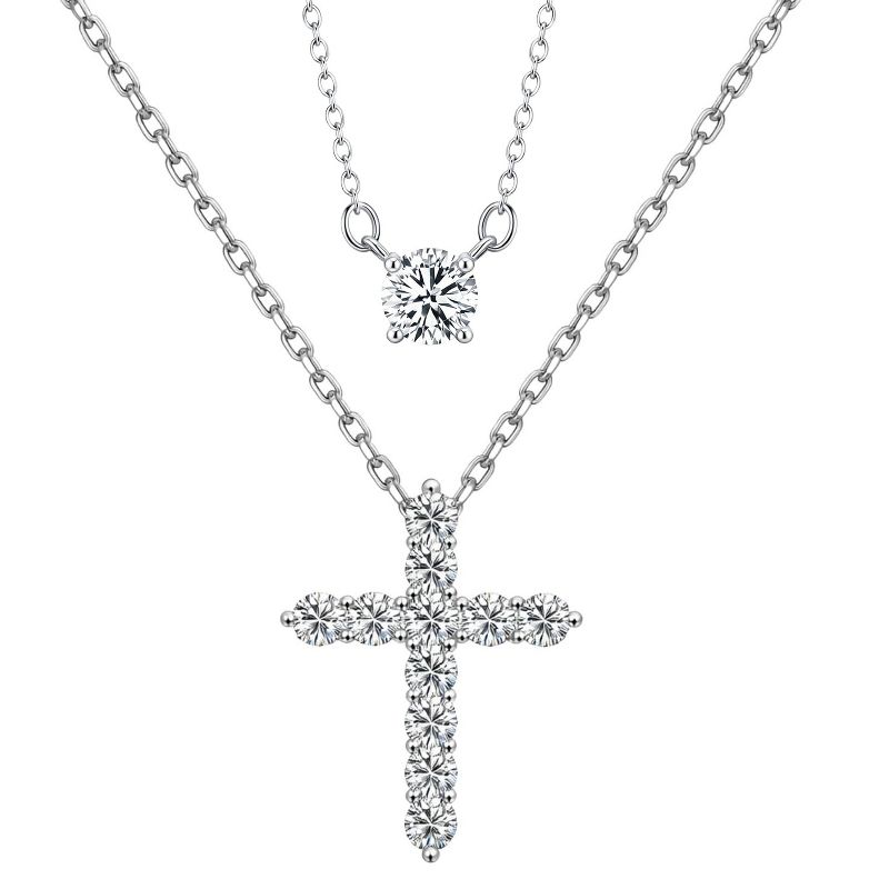 Women’s Modern Silver Layered Cross Necklace Set - Cubic Zirconia Pendants, Dainty O-Link Chain Everyday Jewelry