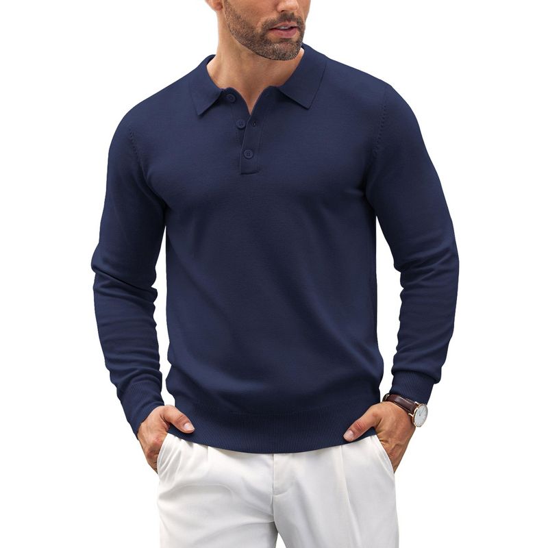 COOFANDY Men's Button Down Classic Knit Polo Golf Shirt Navy Blue L