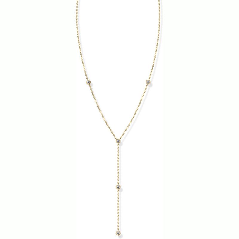 14K Gold Long Lariat Necklace - Cubic Zirconia Drop Pendant Y-Necklace