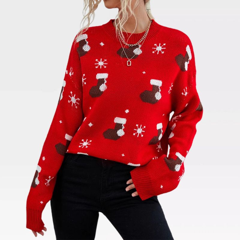 Womens Christmas Sweaters 2025 Festive Sweaters Christmas Stockings Pattern Crew Neck Ribbed Cuffed Pullovers Holiday Swetaers