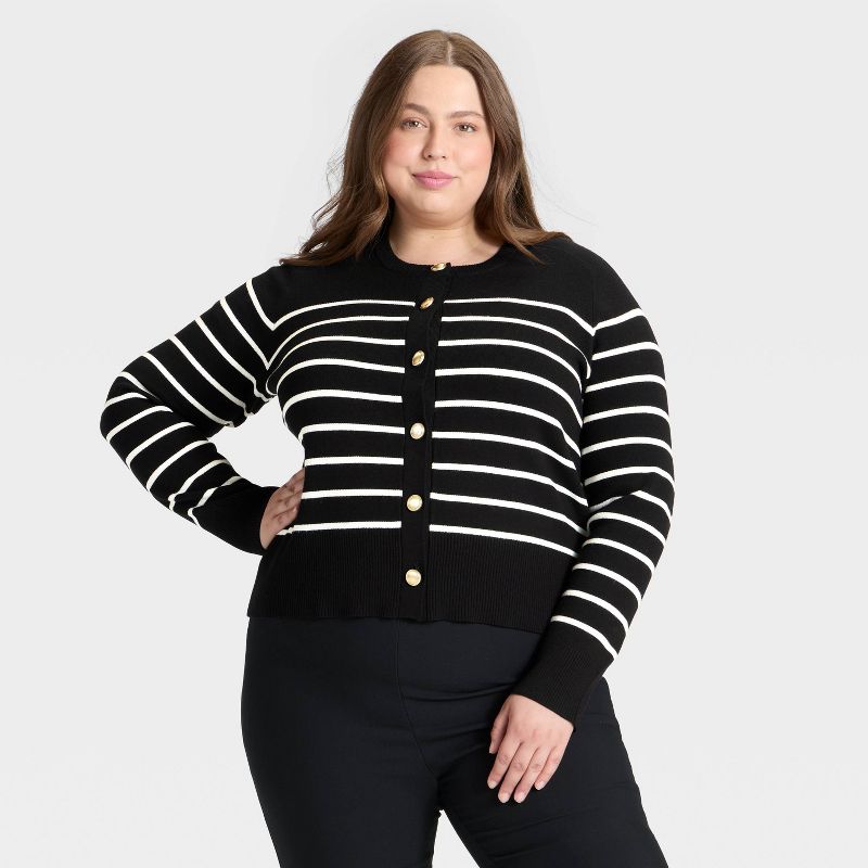 Women's Lady Jacket Cardigan Sweater - A New Day™ Black/White Striped 3X