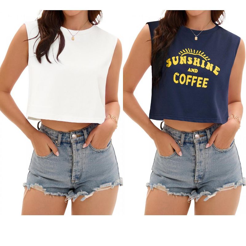 ATHLECHIC Women's Casual Loose Crewneck Sleeveless Crop Tank Top 2 Packs White/Dark Blue Print Medium