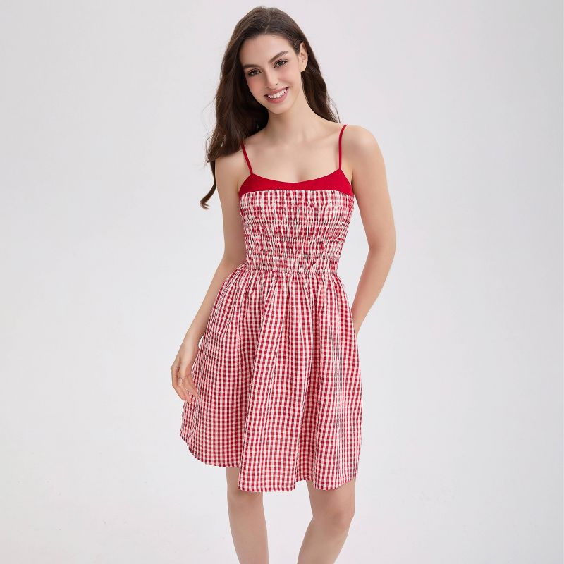 Women's Sleeveless Smocked Bodice Mini Cami Dress - Wild Fable™ Red Gingham M