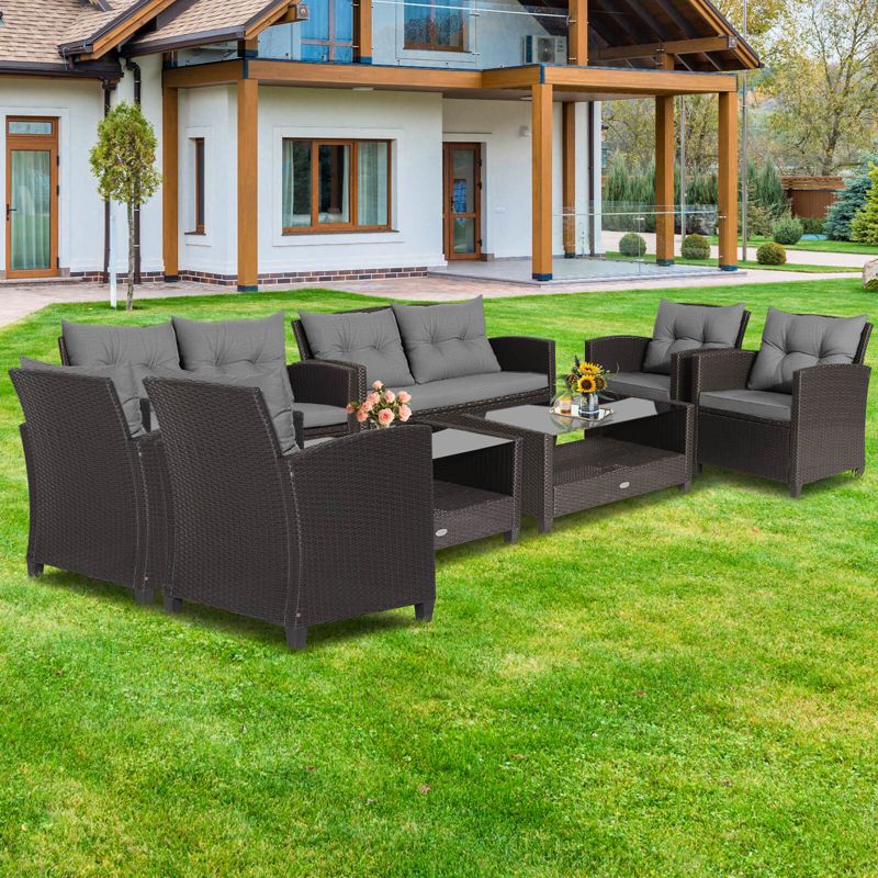 Costway 8 PCS Patio Rattan Furniture Set Glass Table Shelf Sofa Cushion Gray