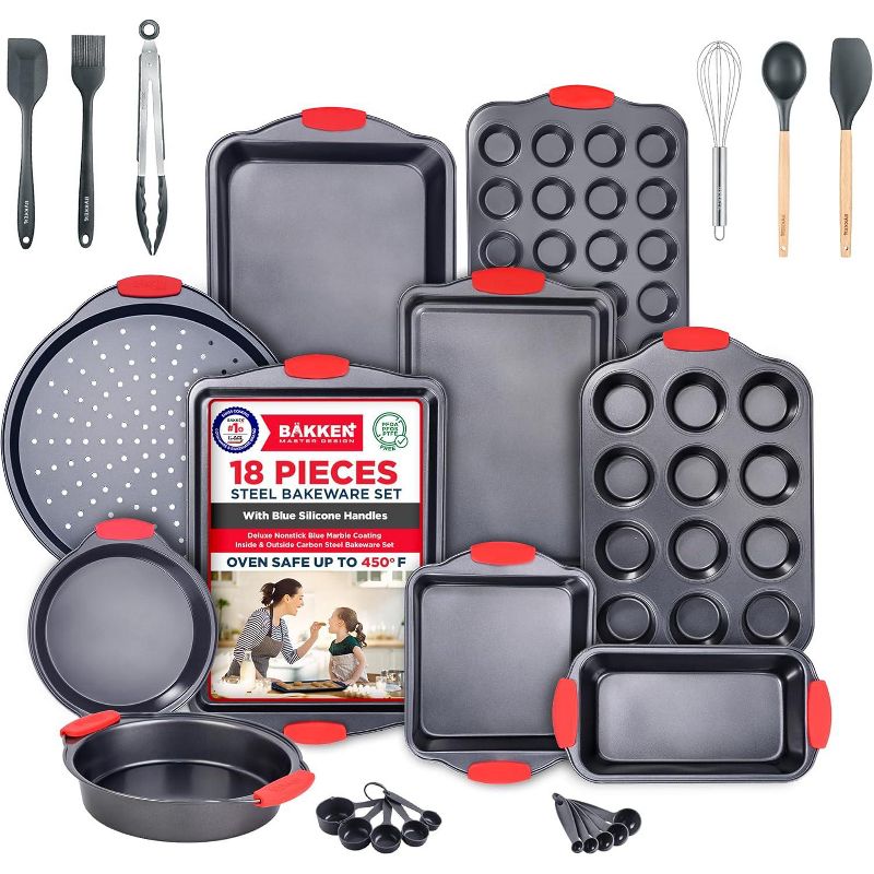 BAKKEN Kitchen Baking Pan Set - Nonstick Coating, Carbon Steel Bakeware Sets with Red Silicone Handles, Oven Safe Tray (Up To 450° F), Set of 18