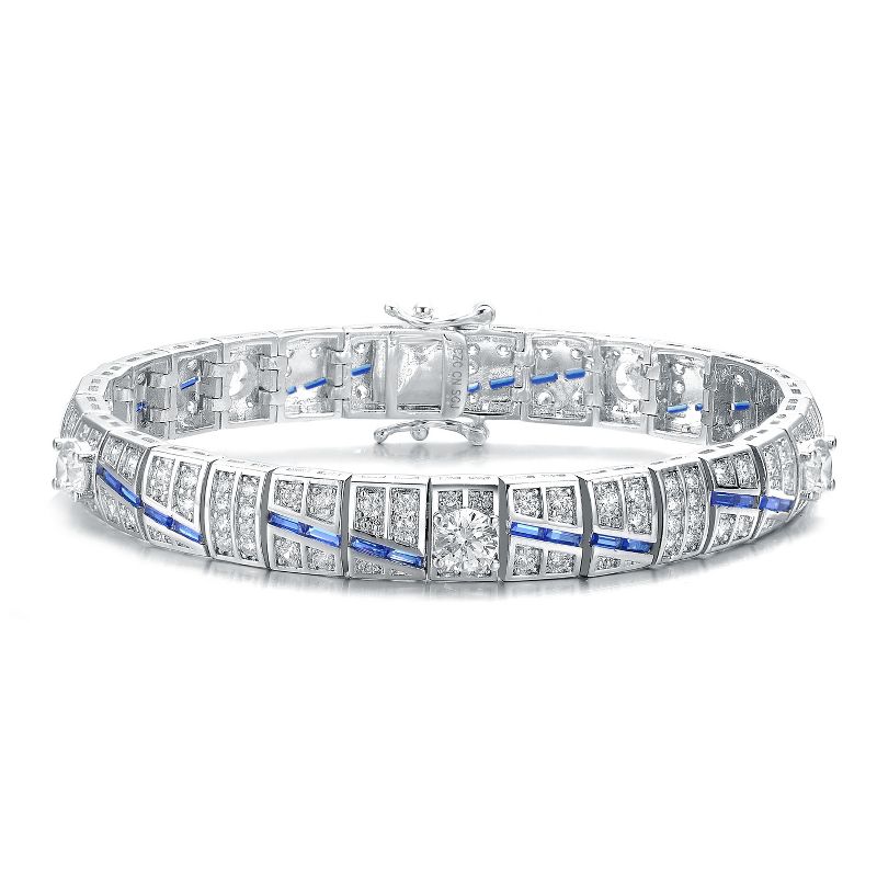 Guili Sterling Silver Clear and Blue Cubic Zirconia Link Bracelet, Sparkling and Versatile Design for Effortless Everyday Elegance