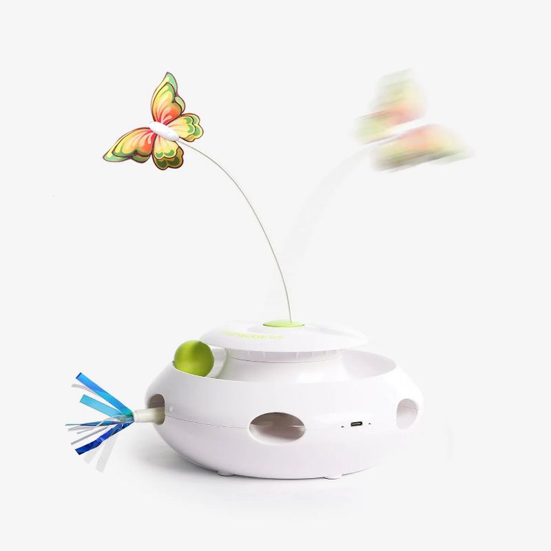 Allforpaws 3-In-1 Feline Ultimate Interactives Cat Toy with Butterfly Flutter Bug & Simulates Prey for Indoor Enrichment, White