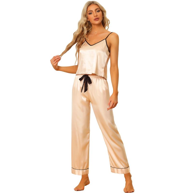cheibear Women's Satin Silky Summer Camisole and Pants Sleepwear Pajama Sets Champagne X-Large