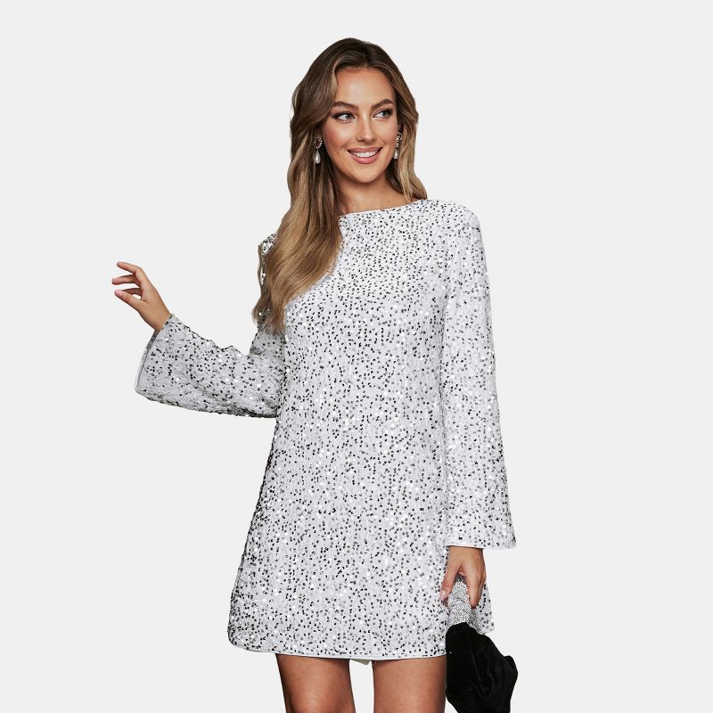 Women's Sequin Back Tie Boat Neck Mini Dress - Cupshe-M-White