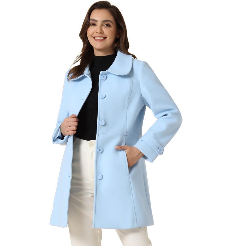 Allegra K Women's Peter Pan Collar Single Breasted Outwear Winter Buttoned Long Coat Light Blue Medium