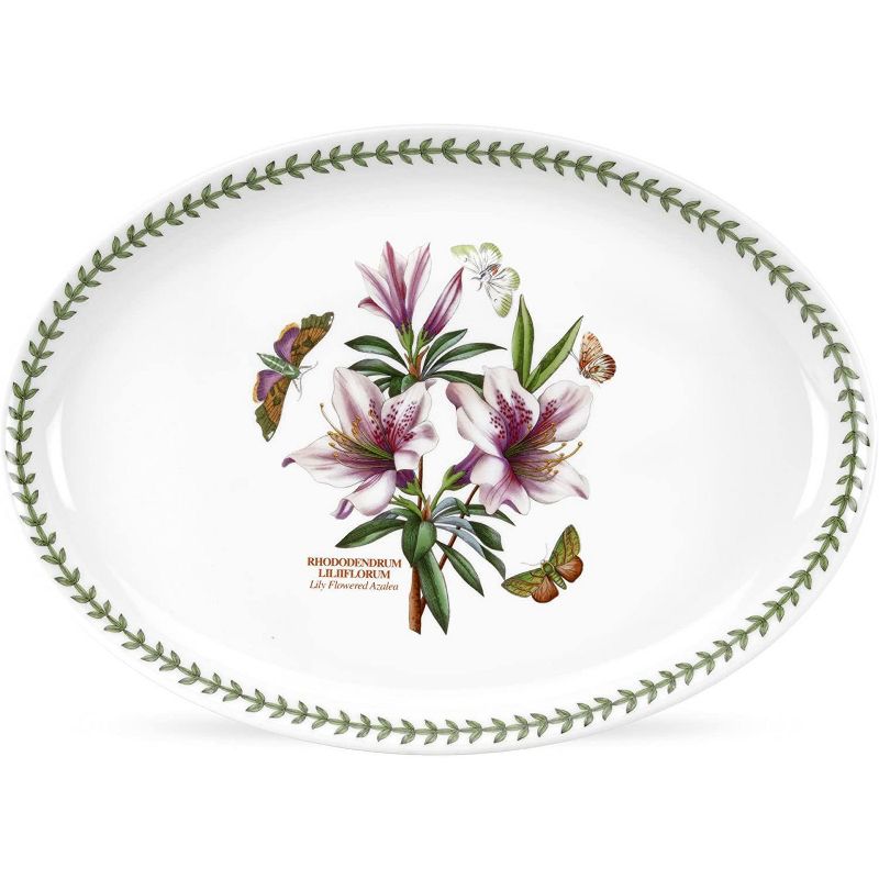 Portmeirion Botanic Garden 15" Oval Serving Platter, Lily Flowered Azalea Motif - Durable Porcelain Baking Dish, Dishwasher & Microwave Safe