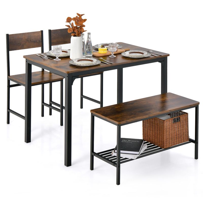 Costway 4pcs Dining Table Set Rustic Desk 2 Chairs & Bench with Storage Rack Brown