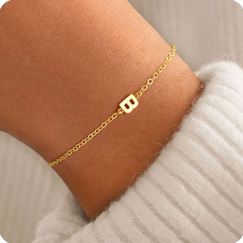 Turandoss Gold Initial Bracelets for Women Girls, Dainty Link Chain Bracelet, Gold Jewelry, Birthday Valentine's Day Gifts for Women, 6+2Inches, B