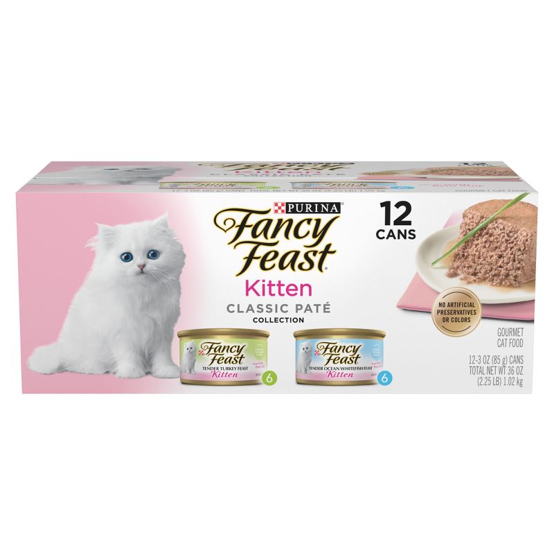 Purina Fancy Feast Kitten Classic Paté Variety Pack Turkey & Fish Flavor Wet Cat Food Cans for Kittens - 3oz/12ct