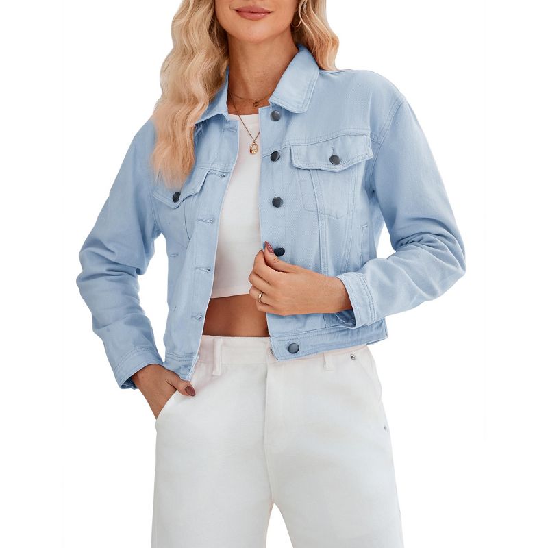 Coolmee Women's Jean Jacket Cropped Shacket Jacket Fashion Button Down Shirt Coat Tops Light Blue L