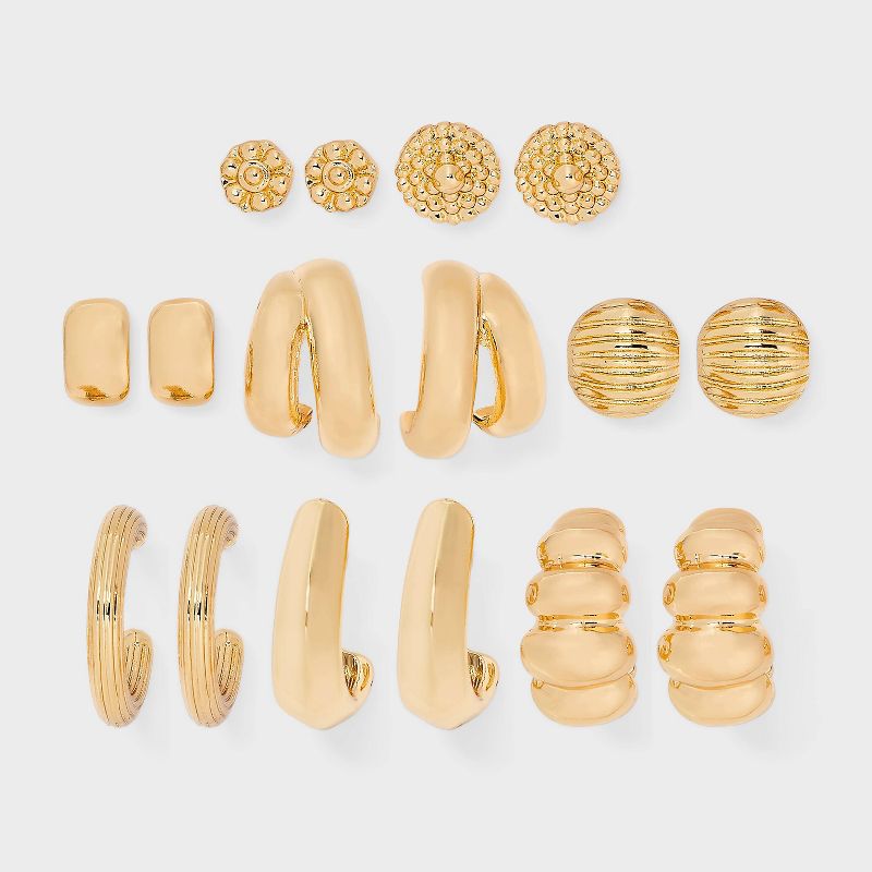 Smooth and Textured Ribbed Earring 8pc Set - A New Day™ Gold