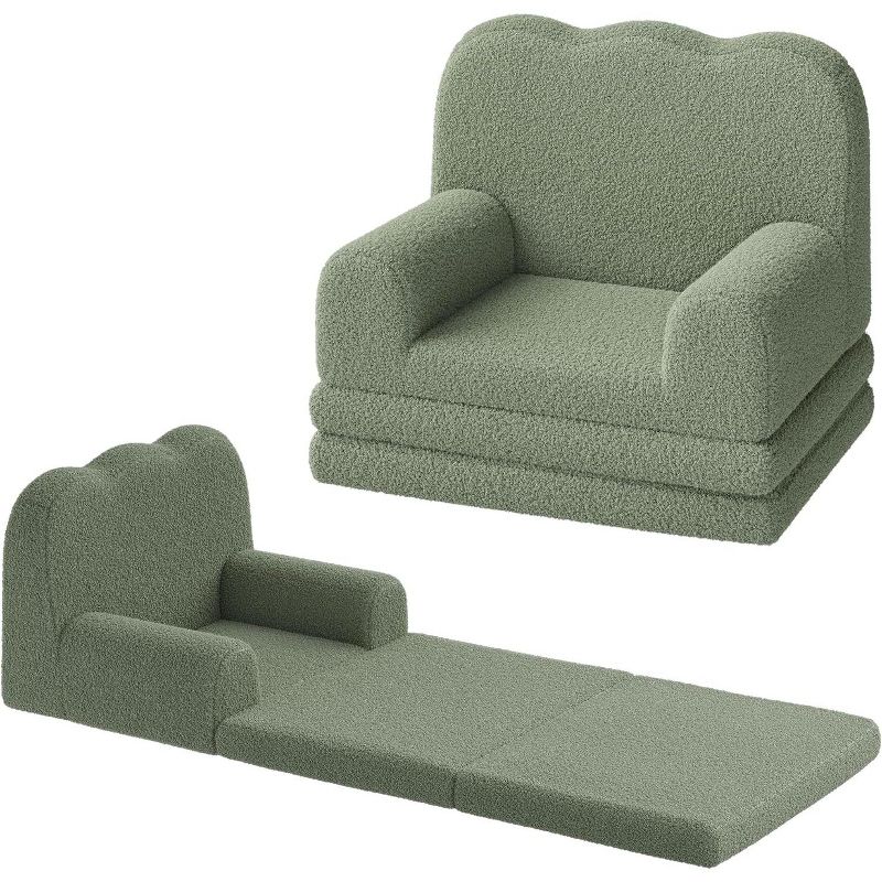 Kids Couch, 2-in-2 Convertible Toddler Sofa Chair, Fold Out Lounger Bed, Soft Teddy Fleece for Playroom, Nursery, Birthday Gift, Green