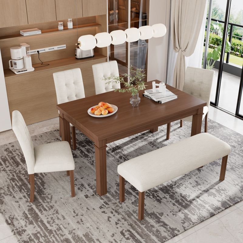 Merax 6-Piece Rustic Dining Set with Upholstered Chairs and Bench, Walnut