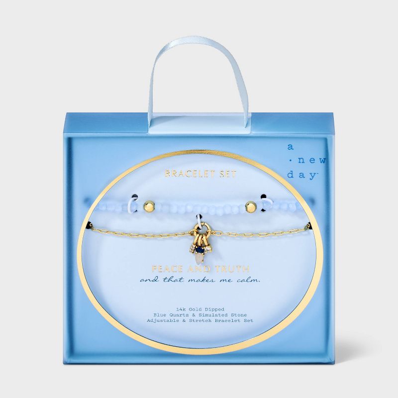 14k Gold Dipped Blue Stretch & Mixed Stone Bolo Bracelet Set 2 pc-A New Day™