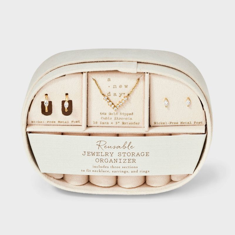 14K Gold Dipped Cubic Zirconia V Shape Necklace and Huggie Stud Earring Set 3pc - A New Day™ Gold