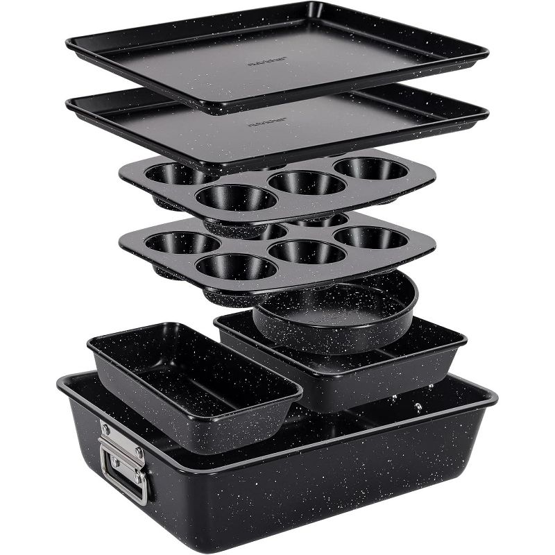 NutriChef 8-Piece Stackable Bakeware Set - Non-Stick Carbon Steel (NCBKSTK13) - Black Marble