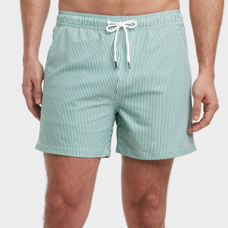Men's 5'' Seersucker Swim Trunks - Goodfellow & Co™ Olive Green XXL: Built-in Boxer, Adjustable Waistband, Stripe Pattern