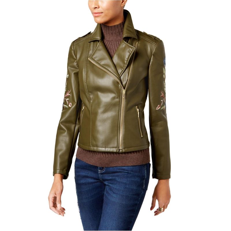 I.N.C International Concepts Womens Embroidered Motorcycle Jacket, olivedrab, X-Small