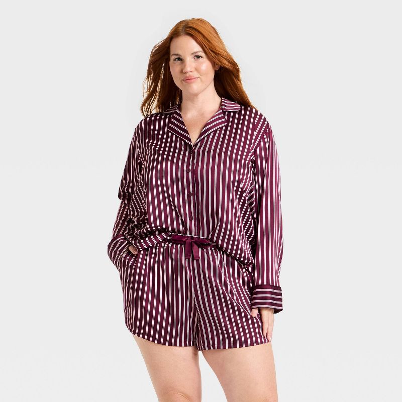 Women's Luxury Collection Satin Notch Collar Long Sleeve Shirt and Shorts Pajama Set - Auden™ Mulberry Striped 3X