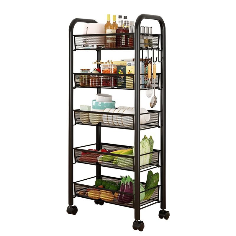 5-Tier Kitchen Storage Carts,Trolley with 4 Hooks,Rolling Utility Cart Load-bearing 40KG Storage Rack Shelves for Home Bathroom Office Black
