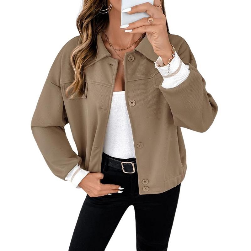 Women's Casual Jacket Long Sleeve Lapel Open Front Button Down Work Office Cardigan With Pocket Brown L
