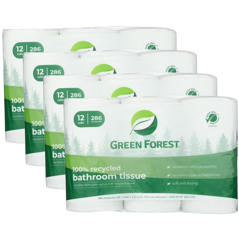 Green Forest 100% Recycled Bathroom Tissue 286 Sheets - Case of 4/12 pk