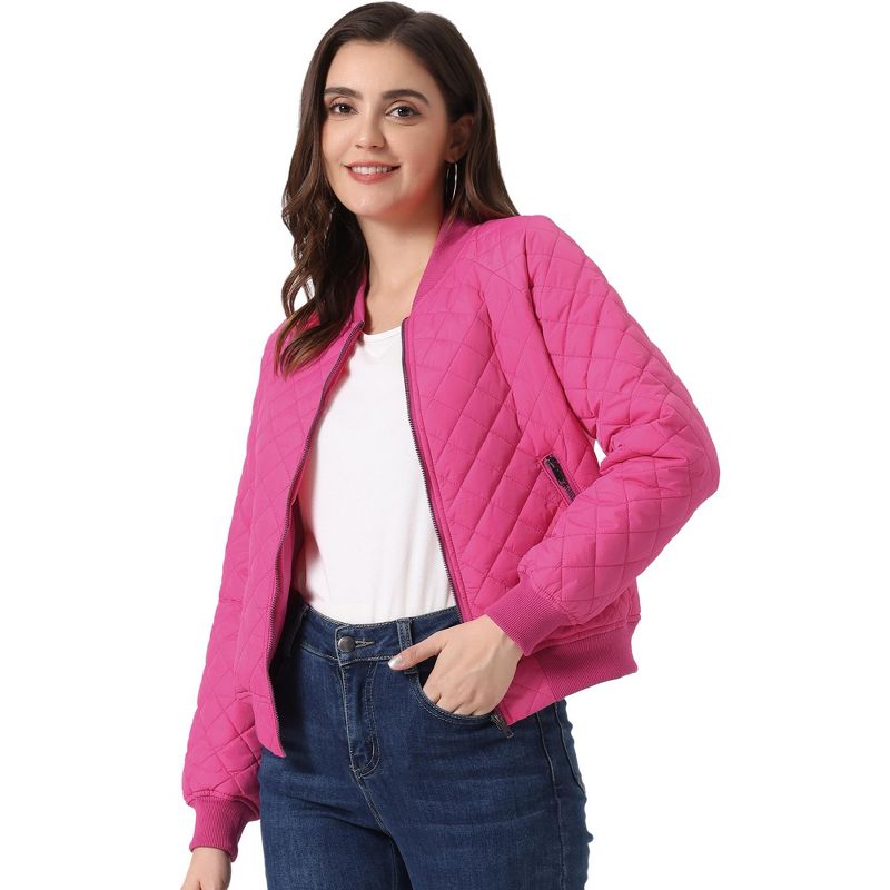 INSPIRE CHIC Women's Quilted Zip-Up Raglan Sleeves Bomber Jacket Hot Pink Medium