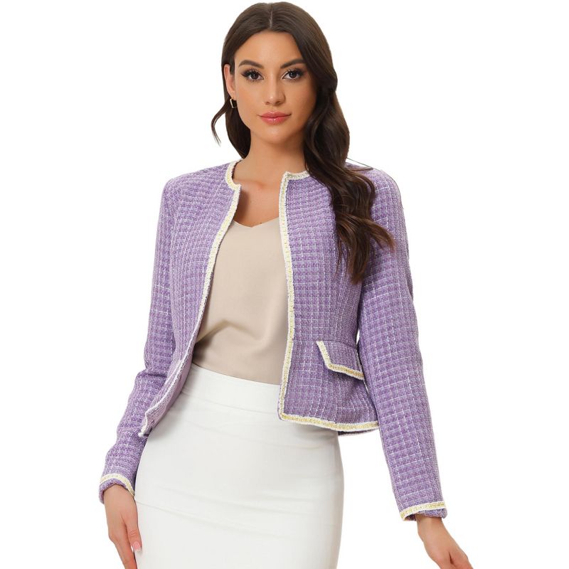 INSPIRE CHIC Women's Long Sleeve Open Front Work Office Short Plaid Tweed Blazer Purple Small