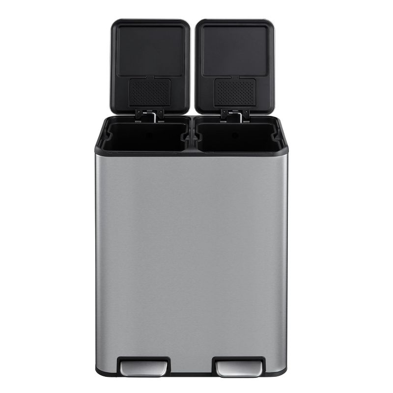 16 Gallon Dual Trash Can, 2x8 Gallon Garbage Can with Soft Close Lid and Foot Pedal, Stainless Steel Garbage and Recycling Bin with Removable Inner