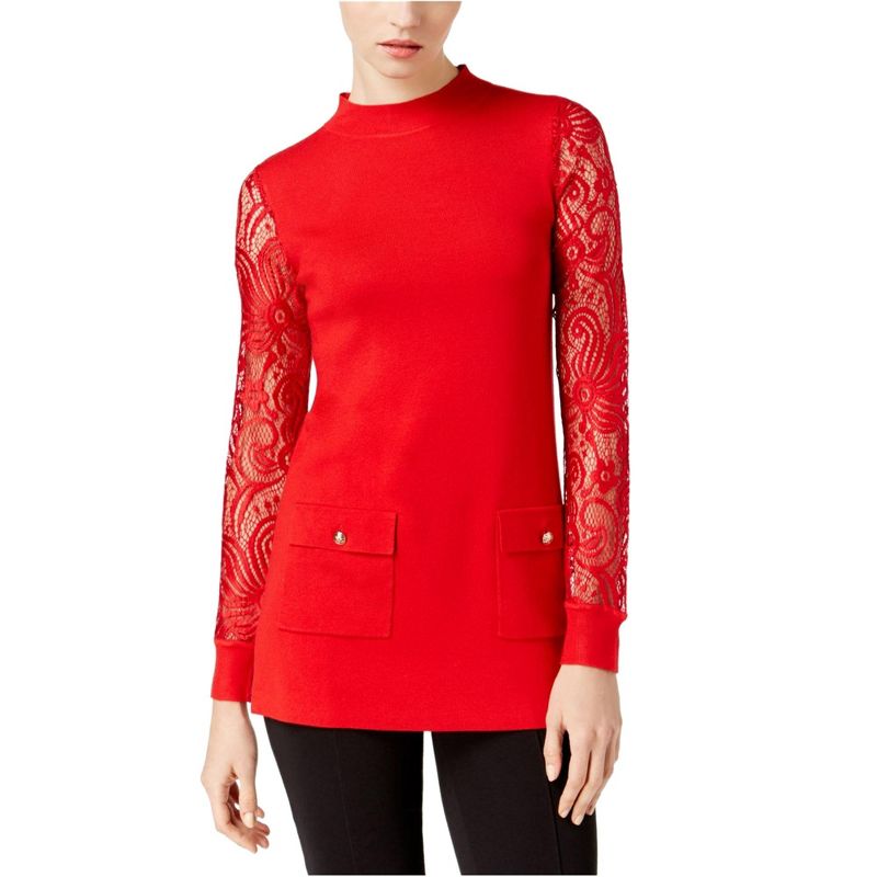 I.N.C International Concepts Womens Lace-Sleeve Knit Sweater, realred, Medium