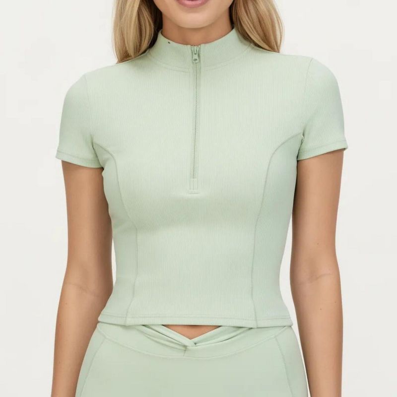 Anna-Kaci Active Women's Short Sleeve Zip Front Fitted Active Top with Mock Neck and Ribbed Stretch Fabric - Large, Green