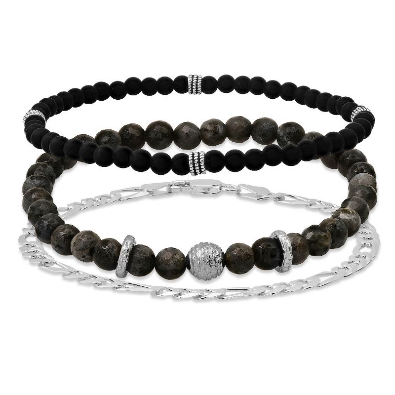Steeltime Men's sterling silver, gray agate, and black lava beaded stretch and figaro chain bracelet set