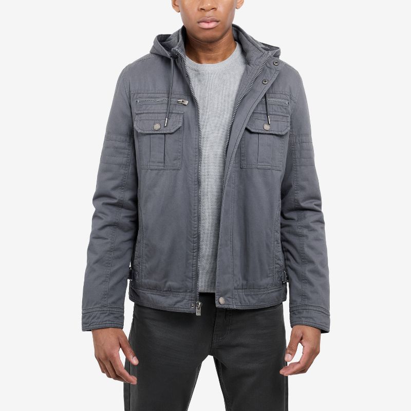 X RAY Men's Faux Shearling Lined Hooded Cargo Jacket in Grey Size XL