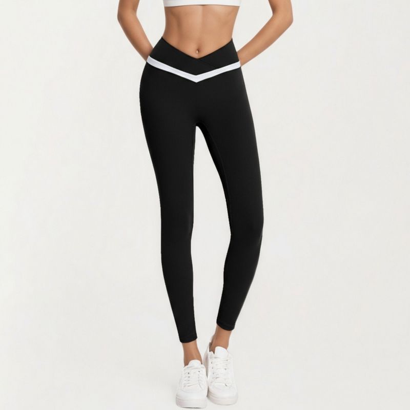 Anna-Kaci Active Women's Crossover Waist Colorblock Full Length Leggings with Stretch Fit Fabric and Contoured Silhouette - Large, Black