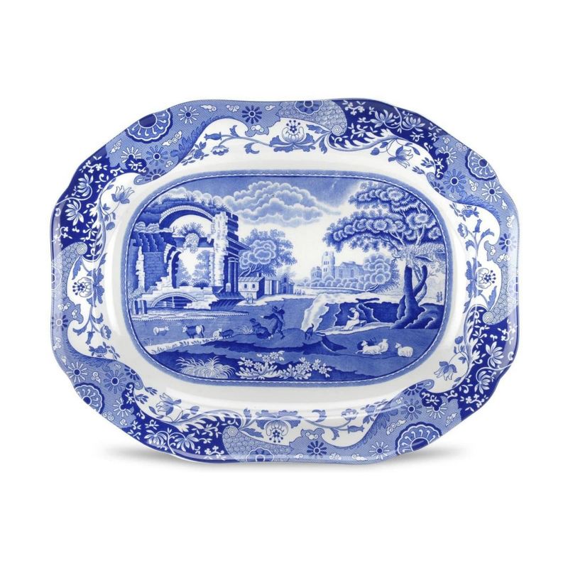 Spode Blue Italian Medium Oval Platter - 14-Inch Porcelain Serving Platter with Intricate Scroll Border & Countryside Scene