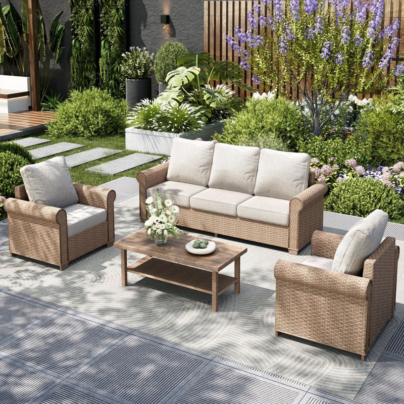 Captiva Designs Luxury Wicker Patio Conversation Sofa Set with Curved Armrests with Cushions Beige With Table