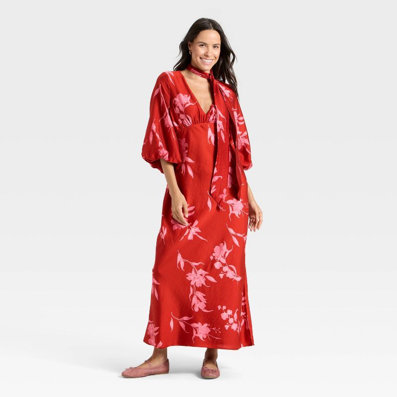 Women's Balloon 3/4 Sleeve Tie Neck Maxi Dress - A New Day™ Red Floral XL
