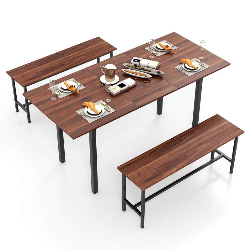 Costway 3 Piece Dining Table Set for 4-6 63"Kitchen Table with 2 Benches Metal Frame Walnut