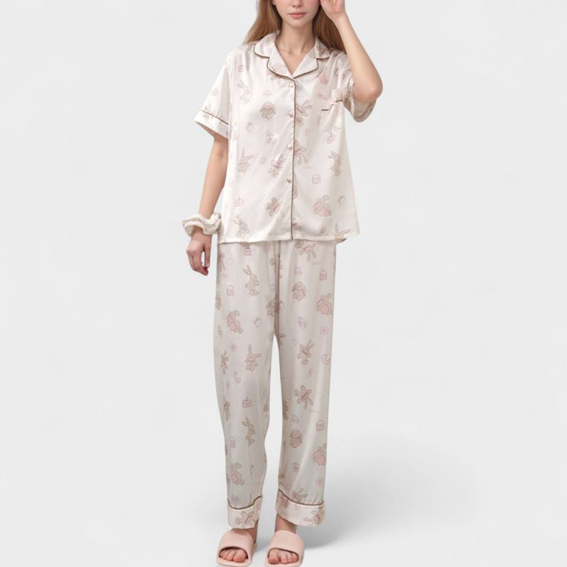 Anna-Kaci Lounge Women's Cartoon Bunny Print Pajama Set with Short Sleeve Button-Up Top and Wide Leg Lounge Pants - Small, White