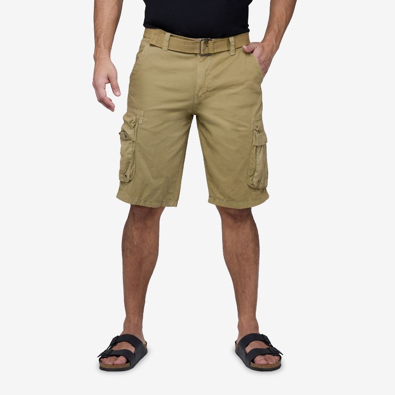 RAW X Men's Belted 12.5" Inseam Cargo Shorts,Plaid Shorts,Camo Shorts In New KHAKI Size 36